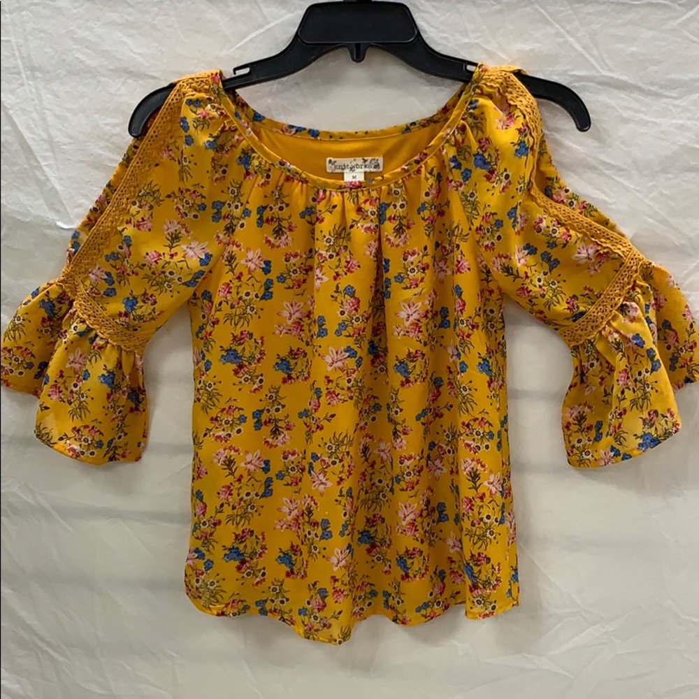 Knitworks Mustard Floral Cold Shoulder Top